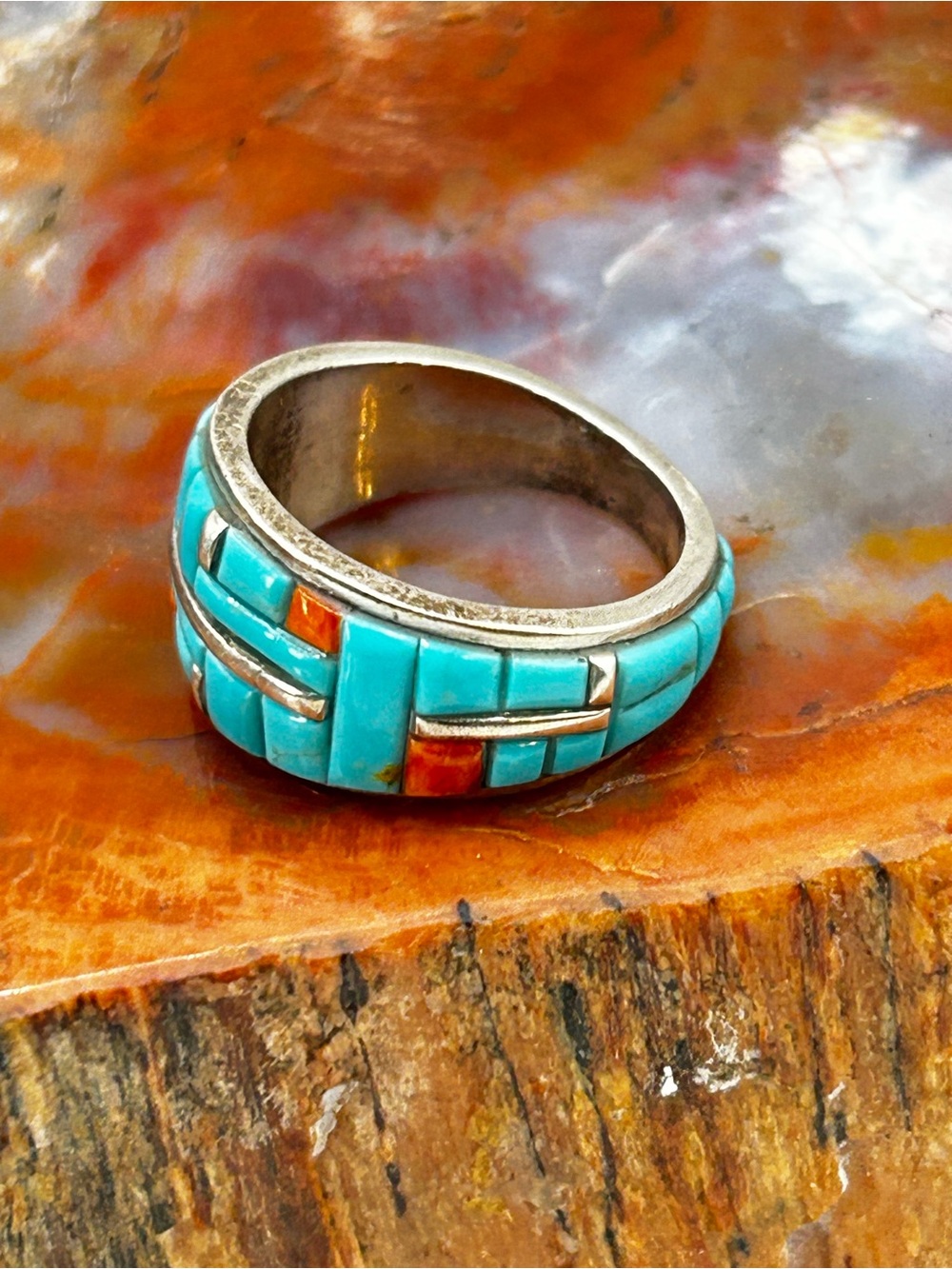 Southwest Turquoise and Coral Inlay Ring, sterling silver - Size 9 - Picture 3 of 7